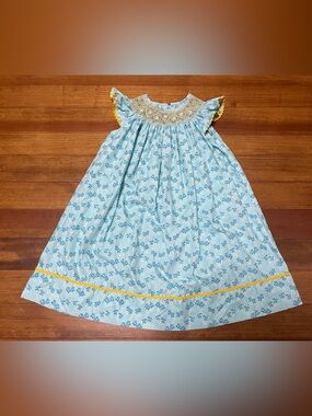 Candyland Hand Smocked Blue & Yellow Daisy Dress w Scalloped Trim Size 4T